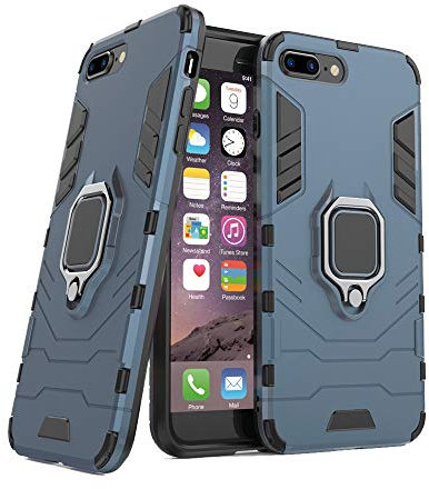 AKABEILA iPhone 8 Plus Case, Compatible with iPhone 7 Plus Mobile Phone Case Finger Ring Grip Stand Metal Holder Silicone PC Hybrid Armour Dual Layer Anti-Scratch Shockproof Full Cases [Blue]