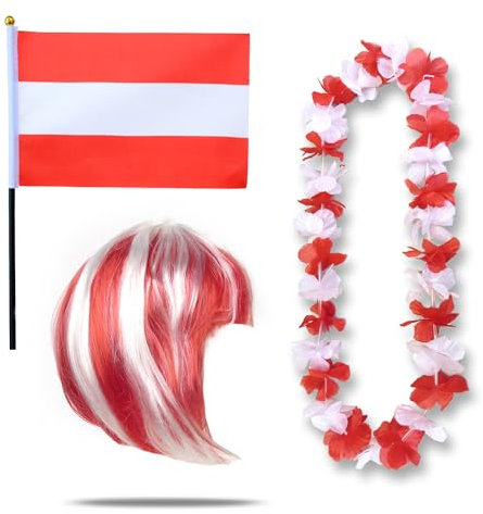 Sonia Originelli Fanset Fanartikel Fahne Perücke Blumenkette Hawaiikette WM EM Farbe: Österreich Bob