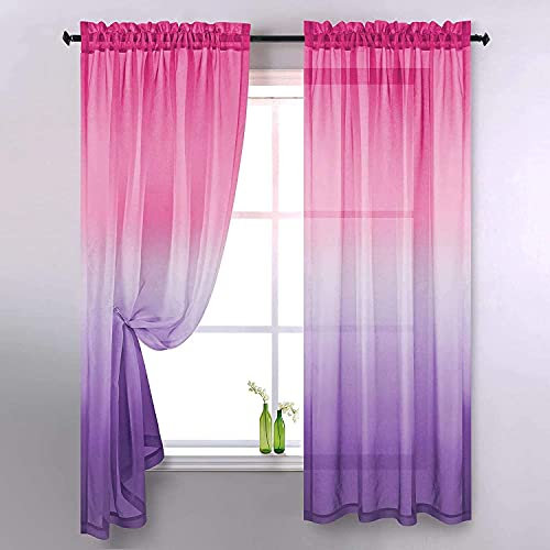 Ricemru Gardinen Vorhänge Farbverlauf Rosa Lila Kurz Voile Vorhang Transparent Bunt Kinderzimmer Junge Mädchen Tüllvorhang Fensterschals 2er Set für Wohnzimmer Schlafzimmer,132x160