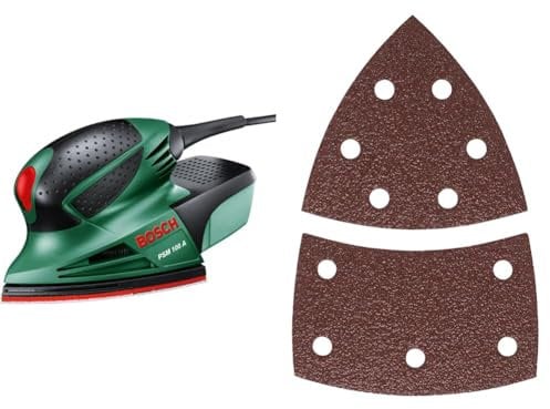 Bosch Ponceuse multi-usages PSM 100 A (100 watts, en coffret) + 10 feuilles abrasives (pour la peinture, le vernis, le bois dur/doux, les panneaux de particules, le métal, la rouille, grain 80)