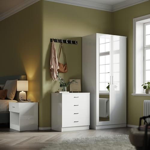 ELEGANT High Gloss Mirrored Wardrobe Set 2 Doors Wardrobe with Mirror and 4 Drawer Chest and Bedside Cabinet, White