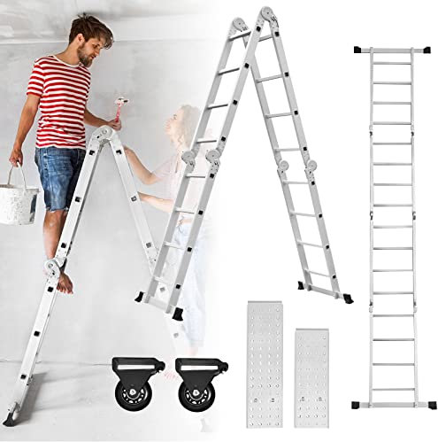 ACXIN Scala multiuso 7 in 1, 470 cm, in alluminio, con piattaforma di lavoro, pieghevole, 4 x 4 gradini, colore argento