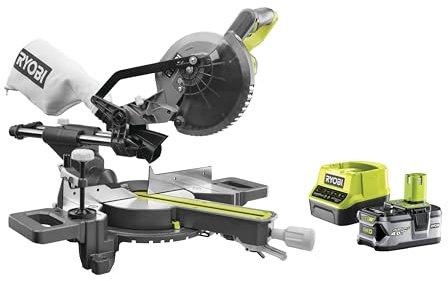 RYOBI - Gehrungssäge 190 mm 18 V – Kapazität 50 x 250 mm bei 90 ° – 1 Lithium-Akku + 4,0 Ah – Ladegerät 2,0 A – Lieferung mit 1 Sägeblatt mit 48 Zähnen