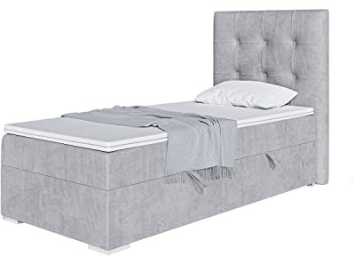 MEBLINI Boxspringbett mit Bettkasten - Gepolstert Einzelbett mit Matratze und Topper - Polsterbett mit Stauraum - Bett mit Kopfteil - Stauraumbett - Deniz - 90x200 Links - H4/Hellgrau Samt