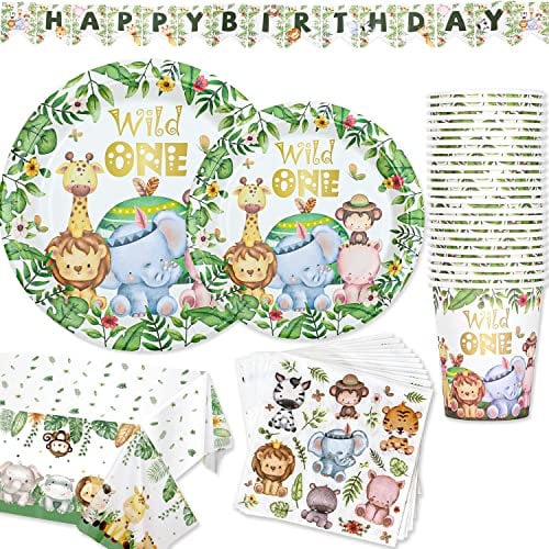 Wild One Anniversaire Fête Vaisselle Jetable Jungle Safari Theme, Assiettes Papier, Gobelets, Serviettes, Nappes et Bannières pour Enfants Garçon Fille 1er Anniversaire Animal Vaisselle Kit 24 Invités