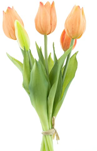 mucplants künstliche Tulpen ca. 26cm Tulpenbündel mit 3 Tulpen und 2 Tulpenknospen real Touch (Pfirsich)