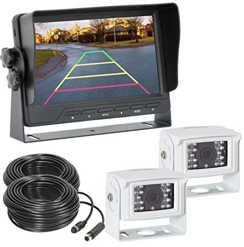 VSG24 Rückfahrkamera 7 Transporter-Set Transit inkl. 2 x Kamera, Monitor, Kabel - Wasserdicht Nachtsicht 12V-24V Robustes Rückfahrsystem für Auto Wohnwagen LKW Anhänger Wohnmobile Einparkhilfen weiß