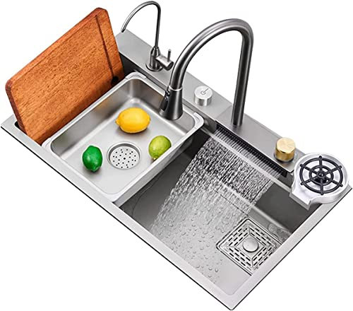 Lavello da Cucina Lavello a Cascata Volante Lavello Domestico, Lavandino Doppia Vasca da Incasso con Troppopieno E Piletta Gocciolatoio