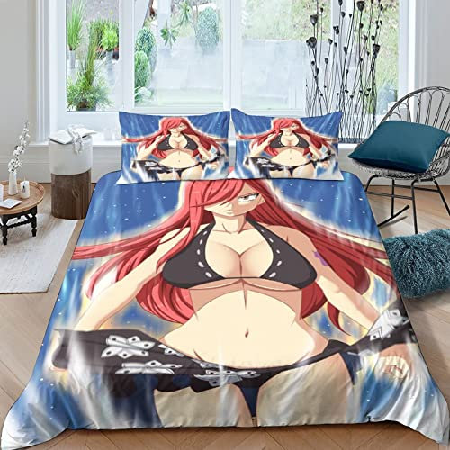 ELGISI Erza Scarlet Bettbezug Anime Bettwäsche Fairy Tail Bettwäsche Set 3 Teilig Mikrofaser Bettbezüge Mit Reißverschluss Kissenbezug 3D-Digitaldruck Mädchen Kinder Jungen Double（200x200cm）