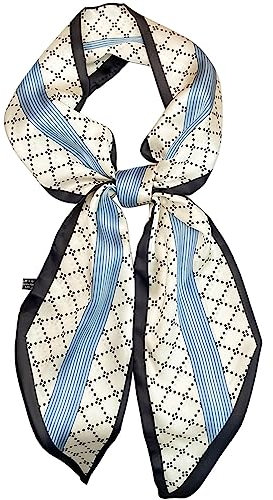 kcctoo Kopftuch für Damen, Maulbeerseide, quadratischer Hals, Satin-Schal für Tasche, Haarschal, Geschenk, 150 x 15 cm, I05-Blau, Schwarz/Karomuster, 59 x 5.9/150 x 15cm