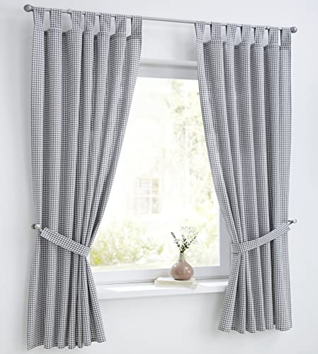 Cottage Vorhang und Raffhalter weiß grau kariert mit Schlaufen,Reine Baumwolle, Landhaus-Gardine Küche Breite 110 cm x Höhe 225 cm (1 STK)