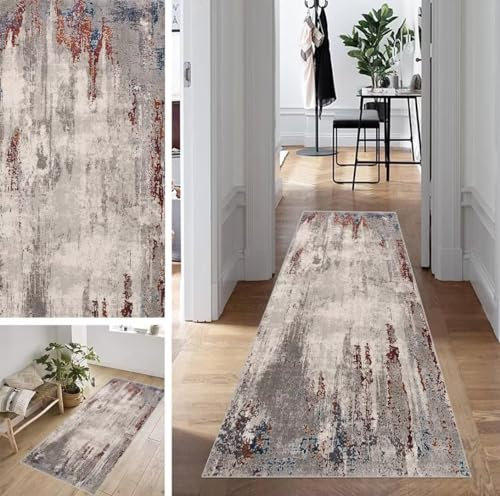 ZUZEKU Abstrakte Läufer Flur Küche Waschbar rutschfest 100X250cm Vintage Grau und Rot Lang Küchenteppich Flurteppich Teppich Fur Korridor Wohnzimmer Schlafzimmer Meterware Anpassbar