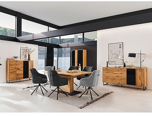 Lomadox Esszimmermöbel Set braun 4-teilig Wildeiche Teilmassiv | 1 ausziehbarer Esstisch, 1 Sideboard, 1 Highboard, 1 Vitrine