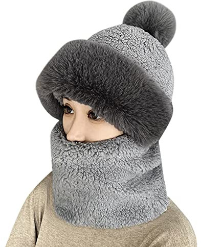 Baumwollhut Fleecemütze Strickmütze für Damen, Winddichter Mütze Schal 2 in 1 Set, Damen Gesichtsmaske Winter Warme Schlupfmütze Skimütze Radfahren Mütze Schal Plüsch Wintermütze (A1-Grey, One Size)