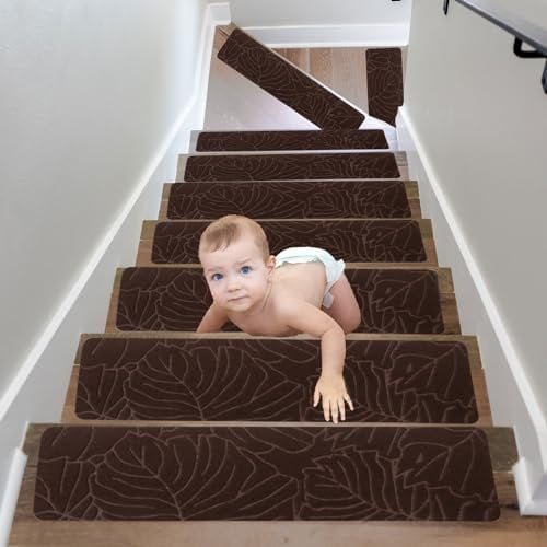 15Pcs Tappeti per Scale,Tappetini Antiscivolo Sicurezza Runner Interno Riutilizzabile, Tappeti in Gomma per gradini, Tappetino Protezione per Interni per Bambini, Anziani e Animali Domestici 76x20cm
