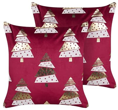 Beliani Dekokissen 2er Set Samtstoff rot/Gold/weiß 45 x 45 cm Tannenbaum Goldspruce