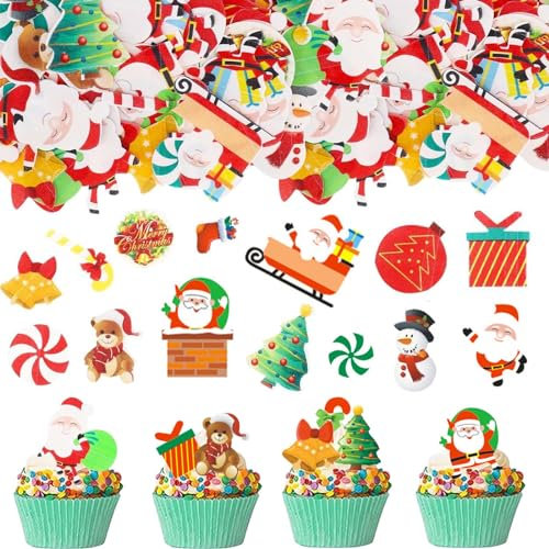 GoldRock Tortendeko Weihnachten Essbar,60 Stk Essbare Kuchen Deko Weihnachten,Tortendekoration Weihnachten,Esspapier Weihnachten Deko Muffin Torte,Essbare Weihnachtsdeko,Streudeko Weihnachten Cupcakes