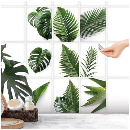 FoLIESEN Fliesenaufkleber für Bad, Küche, Badezimmer - Fliesen-Folie selbstklebend - Deko-Aufkleber - Tropische Blätter, .:15x20 cm - 9-tlg.