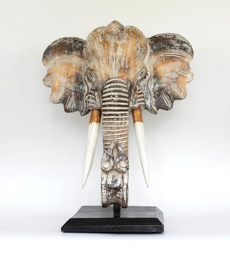 G6 Collection Exotische handgefertigte Elefantenmaske, Büste, Statue auf Ständer, Skulptur, Heimdekoration, handgeschnitzte Kunst, handgefertigte Akzentdekoration, Holzelefant, weiße Waschung auf
