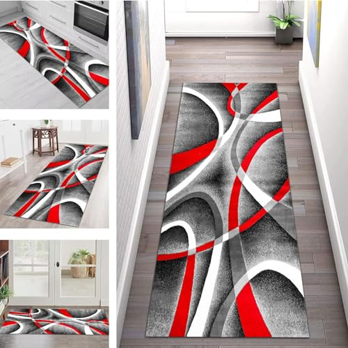Flurläufer-Teppich, Schwarz, Rot, Weiß, 2 m, 250 cm, 3 m, 350 cm, 4 m, 5 m, 6 m – langer Teppichläufer für Küche, Wohnzimmer, Eingangsbereich – rutschfeste, waschbare Dekor-Bodenmatte ( Size : 80×200c