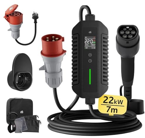 dé Wallbox 22kW [Trifase| 7m| 6-32A] Cavo Ricarica Auto Elettrica Tipo 2 CEE 22kW, con LCD Controllo Digitale Compatibile con Model Y/3, 500e e Altri EV/PHEV
