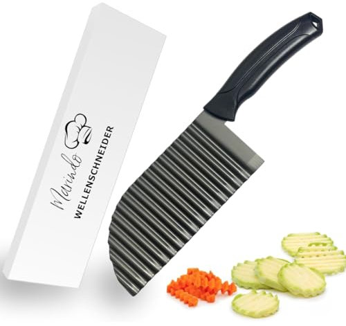 Marindo Cortador ondulado profesional negro/gris para patatas fritas, frutas y verduras, hoja de 17 cm de acero inoxidable con revestimiento de titanio, cuchillo estriado y cuchillo de corte ondulado