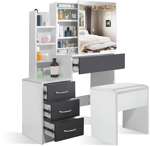 Dressing Table Set, Makeup Vanity Desk, 4 Drawer 3 Shelves Storage Unit Cosmetic Bedroom Dresser Make Up Desk Stool for Living Room, Bedroom Furniture 80W x 36D x 130H cm