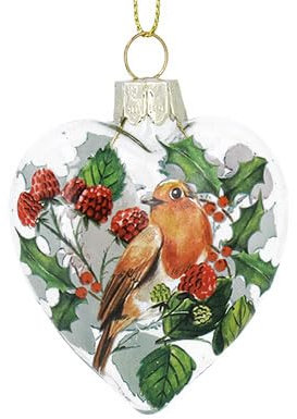 Gisela Graham Clear glass Heart Bauble with Robin Design