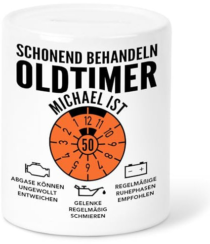 Oldtimer Spardose 50. Geburtstag Geldgeschenk Verpackung personalisiert mit Namen Geld Geschenk für Männer Geburtstagsgeschenk Sparbüchse Sparschwein aus Keramik (50)