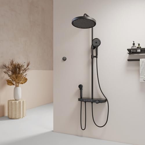 EMKE® Duschsystem Regendusche Schwarz Matt 40 cm LED-Anzeige Glasablage Duschsystem mit Thermostat, mit 3+1 Elternteil und Kind Handbrause+Übergröße Regendusche+ Auslauf, Einfach Install