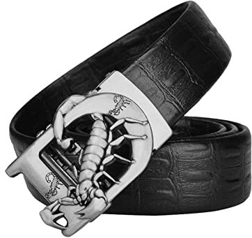 WRJAHCG Ledergürtel Herren Ratsche, Modischer Geschnitztes Gold Buchstabe D & Skorpion Tier Automatikschließe Verstellbarer Luxus Gürtel Herren Damen,Black silver,120CM/47.3''