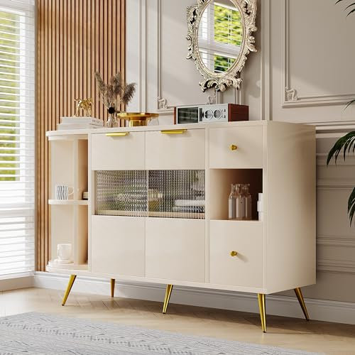 Lexiou Sideboard Esszimmer Wohnzimmer Aufbewahrungsschränke mit Glasschiebetüren und LED-Leuchten Holzanrichte Freistehende Schränke Buffetschränke Küchenmöbel (Beige)