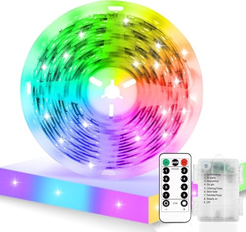 Sunshine smile LED Strip Batteriebetrieben 5m,8 Modi LED Strip Batteriebetrieben,LED Streifen Schmal Bunt,LED Lichtleiste Batterie mit Timer für Schränke, Treppen, Küche, Betten