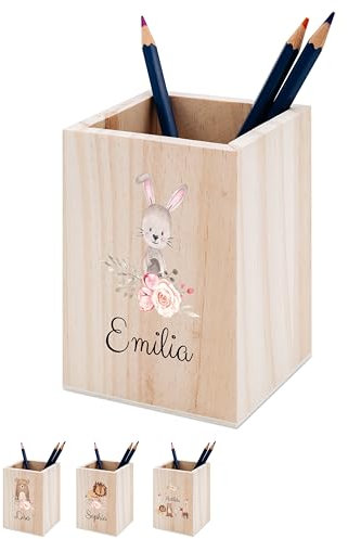 wunderwunsch® - Personalisierter Stiftehalter Kinder aus Holz - Kreativer und praktischer Schreibtisch-Organizer Kinder mit Namen - Perfektes Einschulung Geschenk und Geburtstag (Hase Blumen)