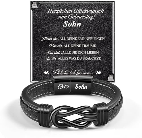 CheersLife Geburtstagsgeschenk für Männer Sohn Armband Herren Leder Armbänder Gravur Sohn Herren Lederarmband Geschenke für Männer Junge Sohn 15 18 21 30 40 Geburtstag (Schwarz)