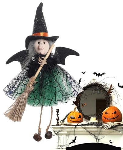 Witch Dolls - Animated Witch Hanging on Broom Handle - Light Weight - Accessories Halloween Decoration Doll Pendant Wizard Figurine Hanging for Use