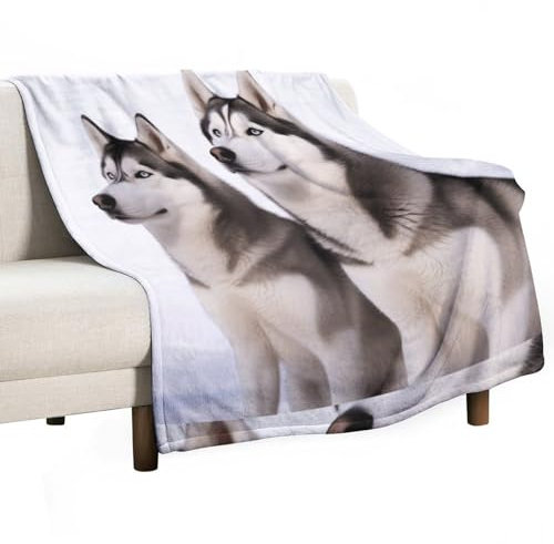 Große Überwurfdecke mit Husky-Motiv, weiche Doppeldecke, bequeme, verdickte Decke, flauschige, warme Bettdecke, für Bett, 200 x 180 cm