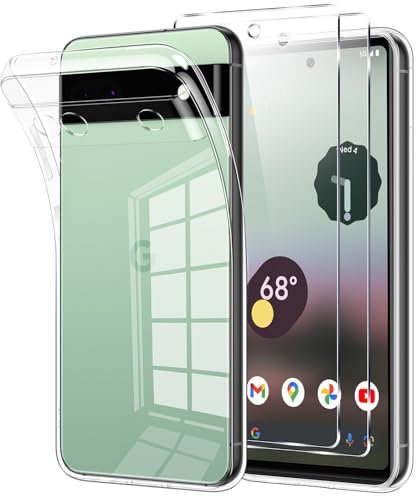 Votvloay für Google Pixel 6a 5G Hülle Durchsichtig mit 2 Stück Schutzfolie, Transparent Handyhülle Panzer Schutz Glas, Schutzhülle Silikon Weiches TPU Gel Case Cover Schutzglas für Google 6a 5G 6,2“