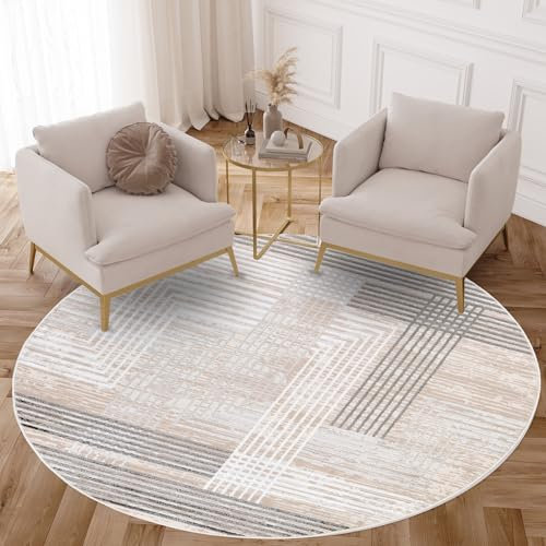 TAPISO Crystal Rund Teppich Kurzflor Glänzend Dunkelgrau Hellgrau Weiß Beige Streifen 3D Effekt Wohnzimmer Schlafzimmer Modern Design ÖKO-TEX 120 x 120 cm