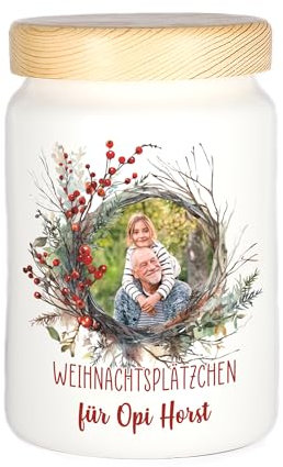 Herz & Heim® Keksdose personalisiert mit Ihrem Wunschnamen zu Weihnachten für Ihre Plätzchen (eigenes Foto)