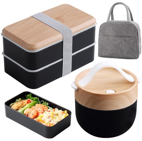 WIYETY Bento Box Japanese: 1400 ml Children's Lunch Box + 600 ml Soup Bowl with Insulation Bag, Food Box, Breakfast Box with Cutlery for Adults and Children for Work and School (Black)