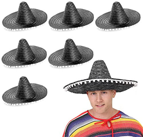Lot de 6 sombrero mexicains noirs en paille avec pompons blancs – Chapeau de paille idéal pour enterrement de vie de jeune fille, été, fête sur la plage, vente en gros en vrac