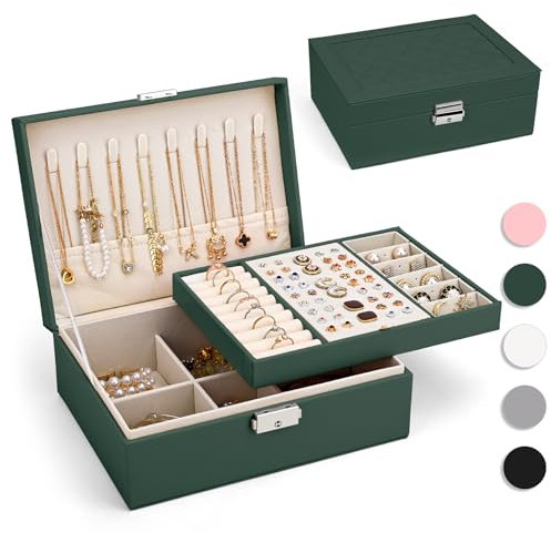 Yarmiene Schmuckkästchen für Damen, 2-schichtige Schmuckschatulle, PU-Leder Schmuckkoffer Schmuckaufbewahrung, Schmuckbox Reise für Ringe, Ohrringe, Armbänder, Ketten für Frauen, Dunkelgrün
