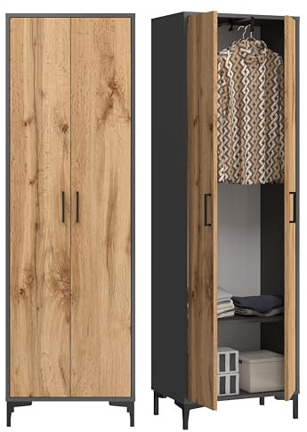 KUBUTKU Armario con barra extensible y un estante, armario para pasillo, dormitorio, vestidor, 192 x 60 x 35 cm, grafito/roble Wotan