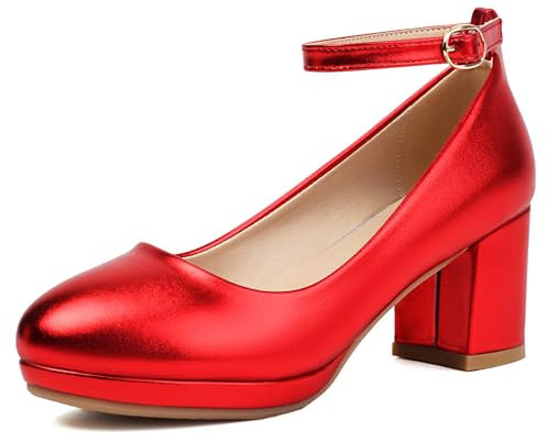 Asterisco Damen Blockieren Fersenpumps mit Plateau Kleid Mitte Absatz Schuhe-240086 Rot Gr 34 EU
