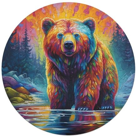 Puzzle Art Animal Bear 120 teiliges Puzzle Holz rund für Erwachsene und Kinder ab 12 Jahren lustiges Familienpuzzle 29 x 29 cm