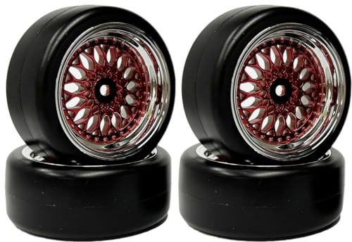 KINGCOO RC Drift Autoreifen und Felge, 63mm RC Hartreifen Drift Kunststoffbeschichtung Rad Felgen für 1:10 RC On Road Run-Flating Racing Car für Tamiya HSP HPI Kyosho (Rot Silber, Offset:9mm)