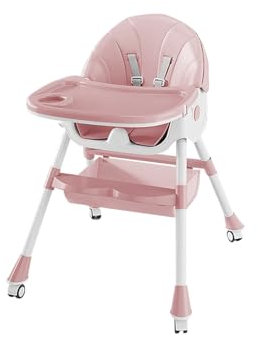 Babyhochstuhl, skalierbar, für Kinder von 0 Monaten bis 60 kg, 3 Neigungspositionen, verstellbare Fußstütze, kompaktes Zusammenklappen, 4 Rollen in einem – Rosa