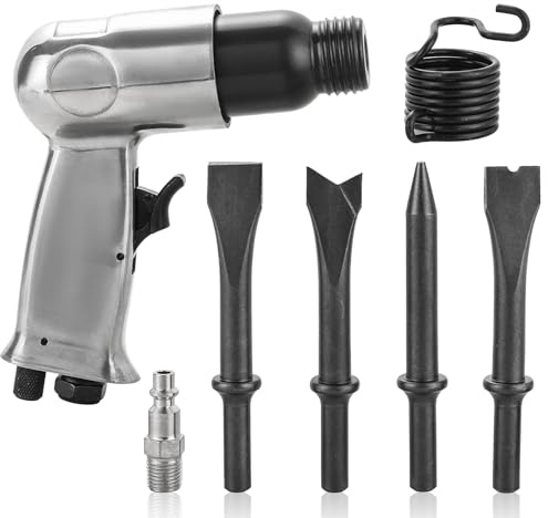 AMGSH Kit martello pneumatico da 150 mm, martello pneumatico 4500 BPM con 4 scalpelli (punzone coniche, taglierina per pannelli, scalpelli a saldatura piatta e a punti), molla e raccordo - Strumento