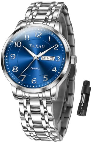 Taxau Uhren Herren Edelstahl Silber Armband Herren Uhr wasserdichte Armbanduhr Luxus Blau Zifferblatt Modeuhren - Glänzend mit Datum